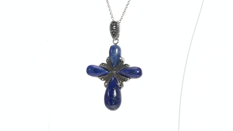 23.00 ctw Lapis Lazuli and Swiss Marcasite Cross Pendant Necklace 20 Inches in Black Oxidized Stainless Steel