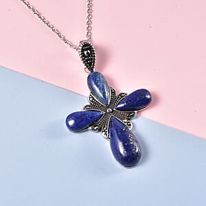 Lapis Lazuli 23.00 ctw and Swiss Marcasite Cross Pendant Necklace in Black Oxidized Stainless Steel 20 Inches