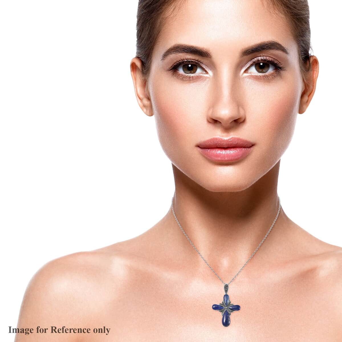Lapis Lazuli and Swiss Marcasite Cross Pendant Necklace 20 Inches in Black Oxidized Stainless Steel 23.00 ctw image number 2