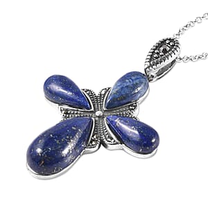 Lapis Lazuli 23.00 ctw and Swiss Marcasite Cross Pendant Necklace in Black Oxidized Stainless Steel 20 Inches