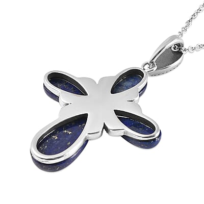 Lapis Lazuli 23.00 ctw and Swiss Marcasite Cross Pendant Necklace in Black Oxidized Stainless Steel 20 Inches