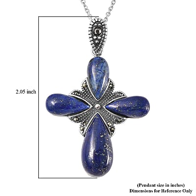 Lapis Lazuli 23.00 ctw and Swiss Marcasite Cross Pendant Necklace in Black Oxidized Stainless Steel 20 Inches