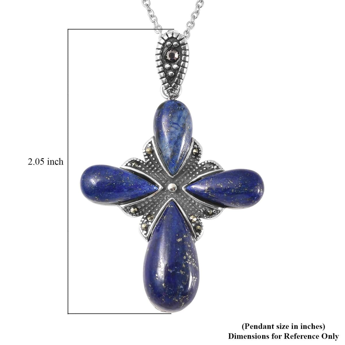 Lapis Lazuli and Swiss Marcasite Cross Pendant Necklace 20 Inches in Black Oxidized Stainless Steel 23.00 ctw image number 5