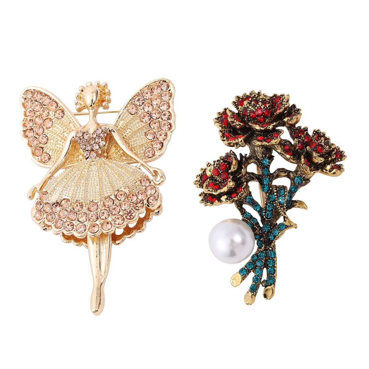 Set of 2 Multi Color Austrian Crystal and Chroma Bouquet and Fairy Brooches in Goldtone image number 0