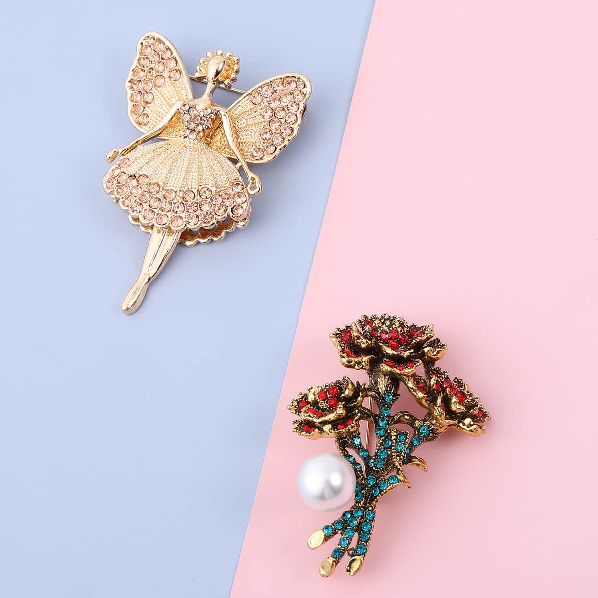 Set of 2 Multi Color Austrian Crystal and Chroma Bouquet and Fairy Brooches in Goldtone image number 1