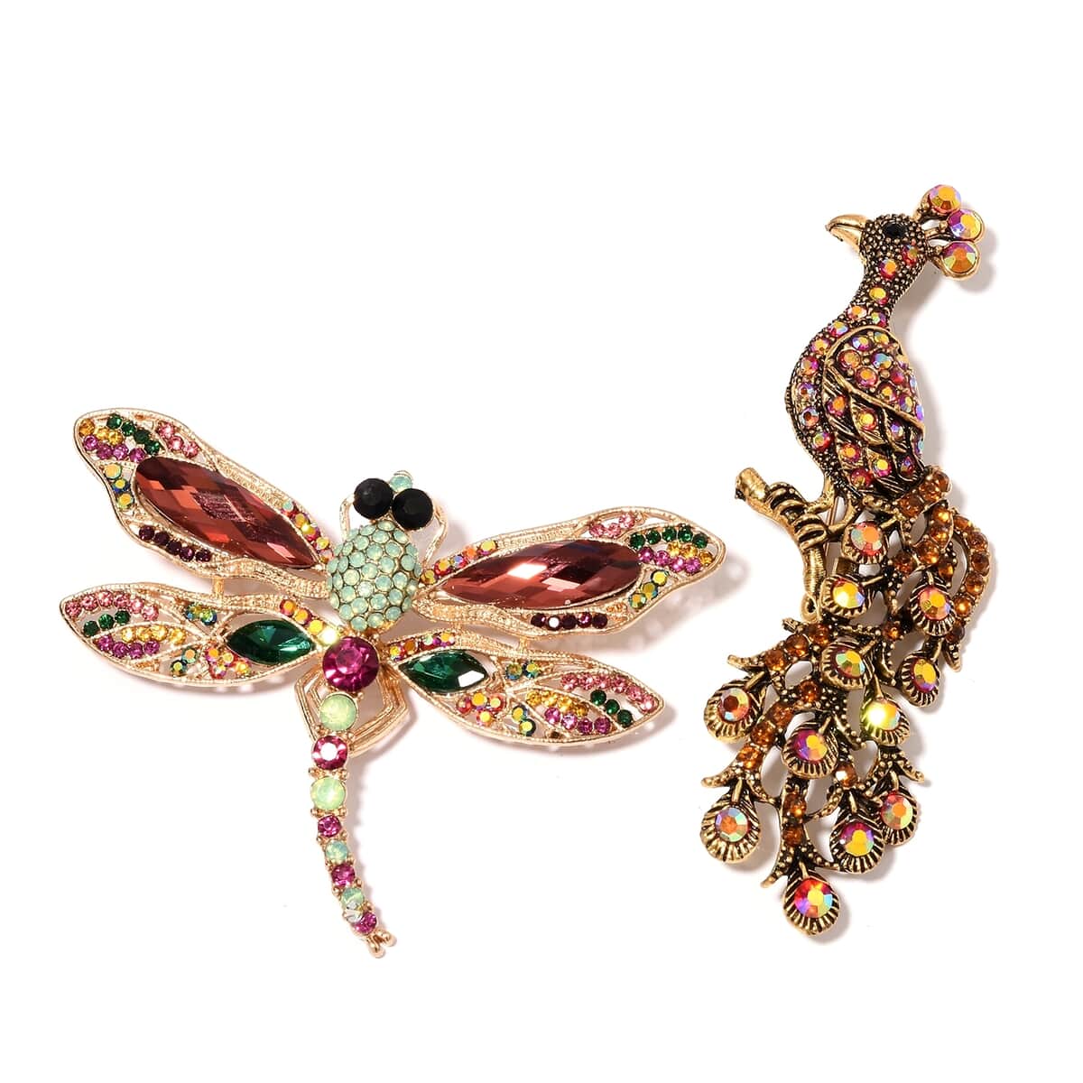 Set of 2 Multi Color Austrian Crystal, Simulated Ruby and Simulated Emerald Chroma Peacock and Dragonfly Brooches in Goldtone image number 0