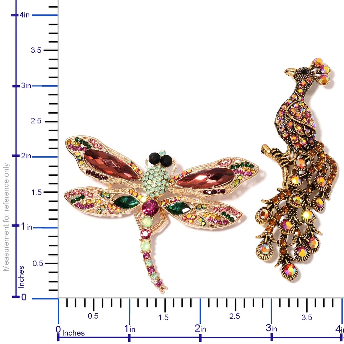 Set of 2 Multi Color Austrian Crystal, Simulated Ruby and Simulated Emerald Chroma Peacock and Dragonfly Brooches in Goldtone image number 2