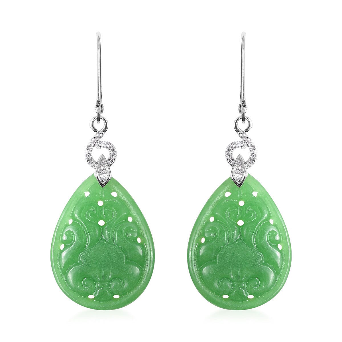 Green Jade (D) Carved, White Zircon Pear Lever Back Earrings in Sterling Silver 24.72 ctw image number 0