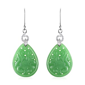Green Jade (D) Carved, White Zircon Pear Lever Back Earrings in Sterling Silver 24.72 ctw