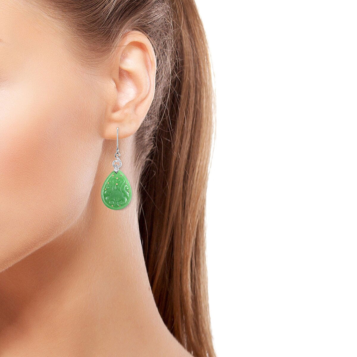 Green Jade (D) Carved, White Zircon Pear Lever Back Earrings in Sterling Silver 24.72 ctw image number 1
