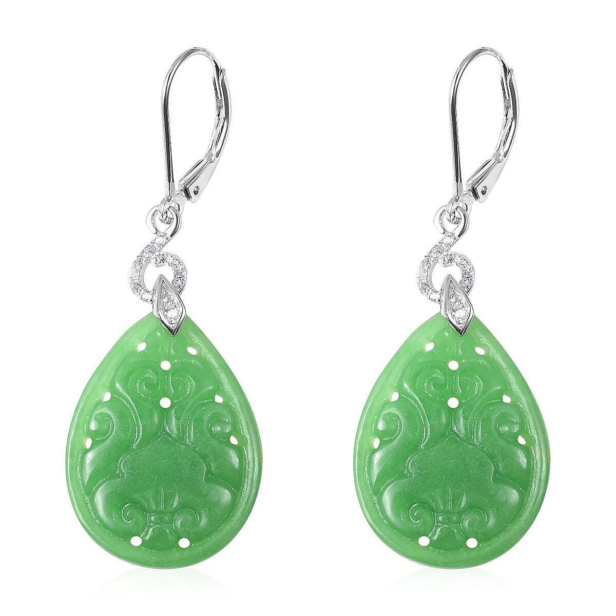 Green Jade (D) Carved, White Zircon Pear Lever Back Earrings in Sterling Silver 24.72 ctw