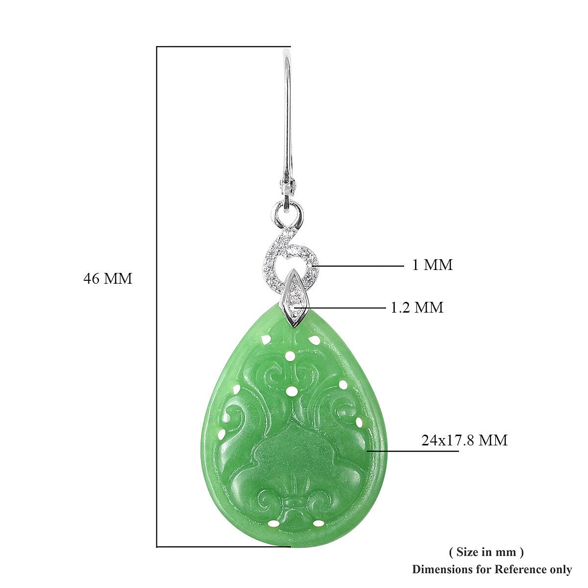Green Jade (D) Carved, White Zircon Pear Lever Back Earrings in Sterling Silver 24.72 ctw image number 3