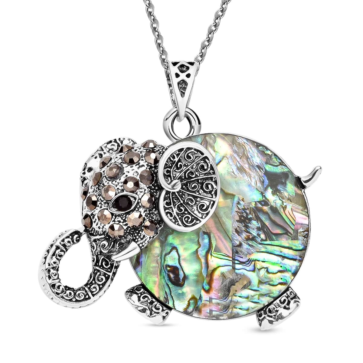 Abalone Shell, Multi Gemstone Elephant Pendant in Silvertone with Stainless Steel Necklace 20 Inches image number 0