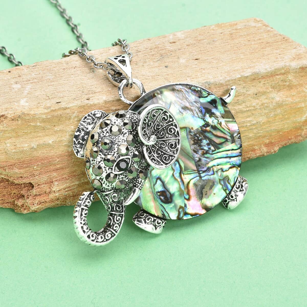 Abalone Shell, Multi Gemstone Elephant Pendant in Silvertone with Stainless Steel Necklace 20 Inches image number 1