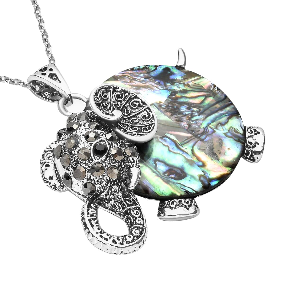 Abalone Shell, Multi Gemstone Elephant Pendant in Silvertone with Stainless Steel Necklace 20 Inches image number 3