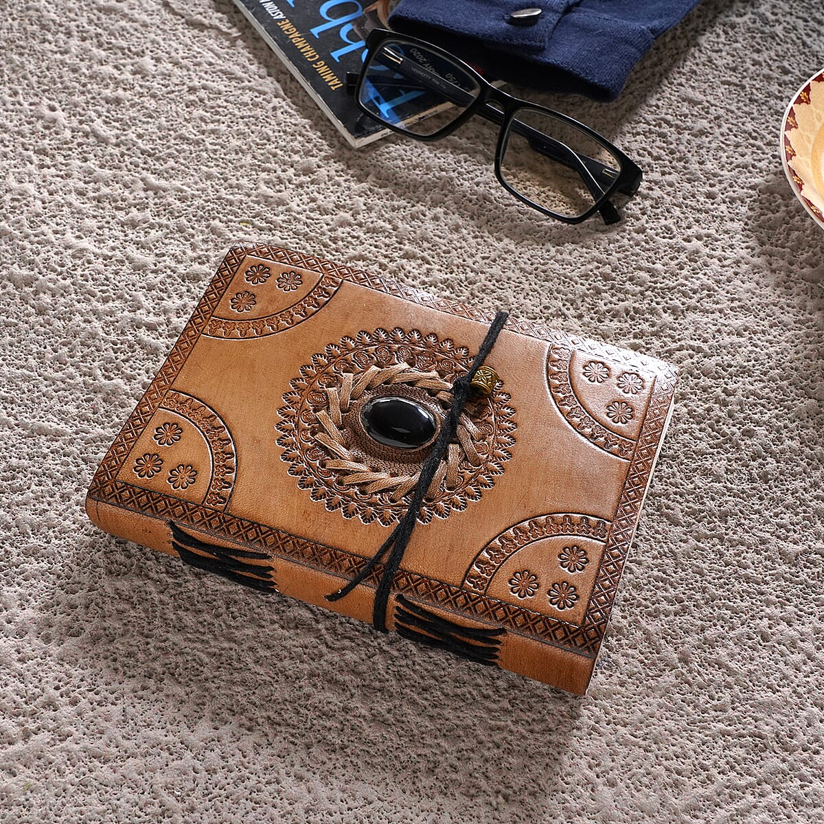 Handcrafted Genuine Leather and Cotton Diary with Black Onyx Center Stone image number 1