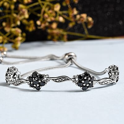 Thai Black Spinel 3.25 ctw Bracelet in Stainless Steel, Adjustable Bolo Bracelet