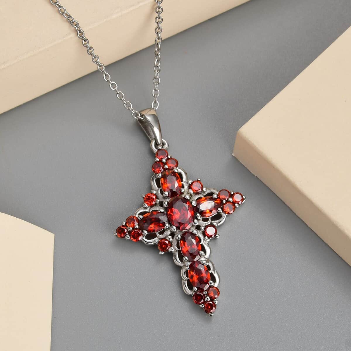 Simulated Red Diamond Necklace in Stainless Steel, Cross Pendant (20 Inches) 6.40 ctw image number 1