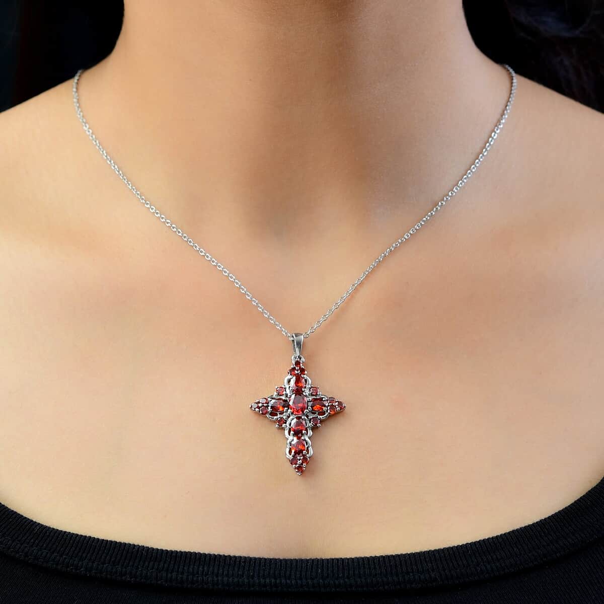 Simulated Red Diamond Necklace in Stainless Steel, Cross Pendant (20 Inches) 6.40 ctw image number 2