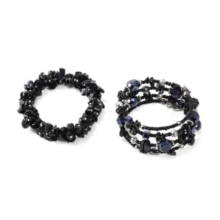 Set of 2 Black Obsidian and Simulated Blue and Black Sapphire Wrap and Stretch Bracelets in Silvertone 189.50 image number 0