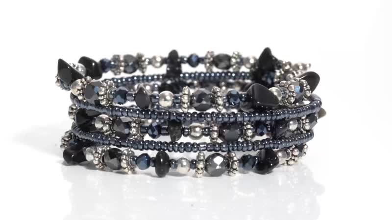 189.50 Set of 2 Black Obsidian and Simulated Blue and Black Sapphire Silvertone Wrap and Stretchable Bracelets