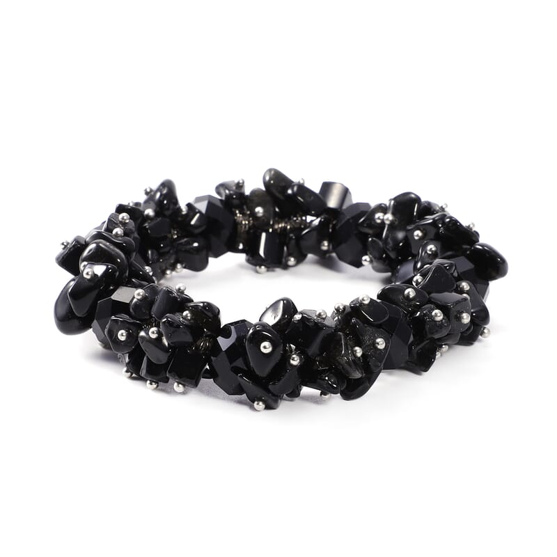 Set of 2 Black Obsidian and Simulated Blue and Black Sapphire 189.50 ctw Wrap and Stretch Bracelets in Silvertone