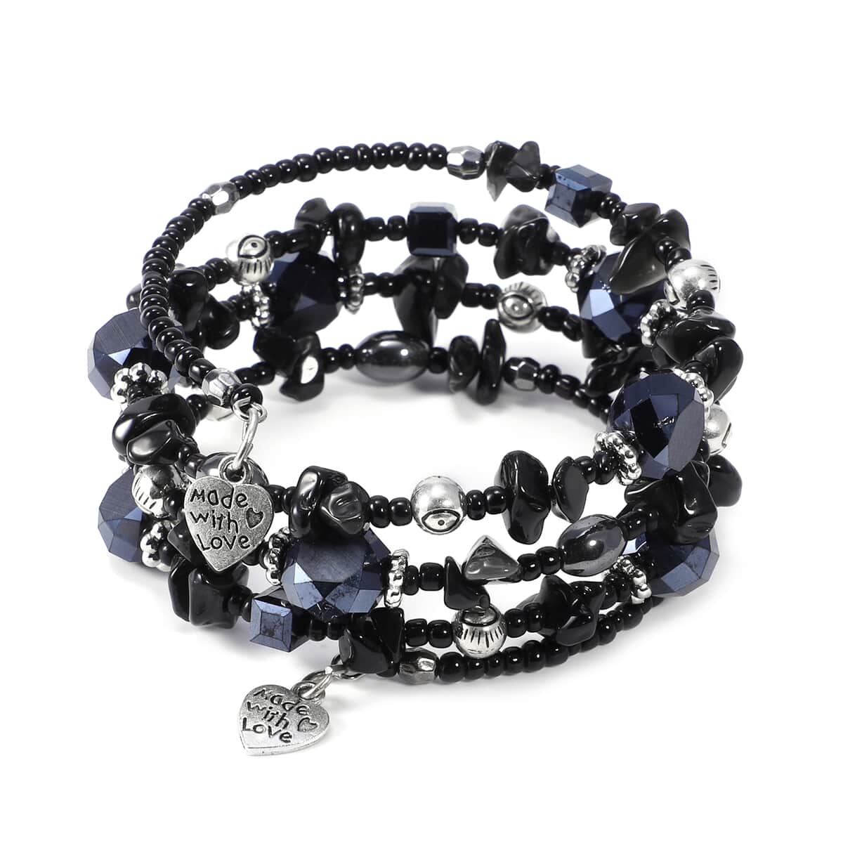 Set of 2 Black Obsidian and Simulated Blue and Black Sapphire Wrap and Stretch Bracelets in Silvertone 189.50 image number 3