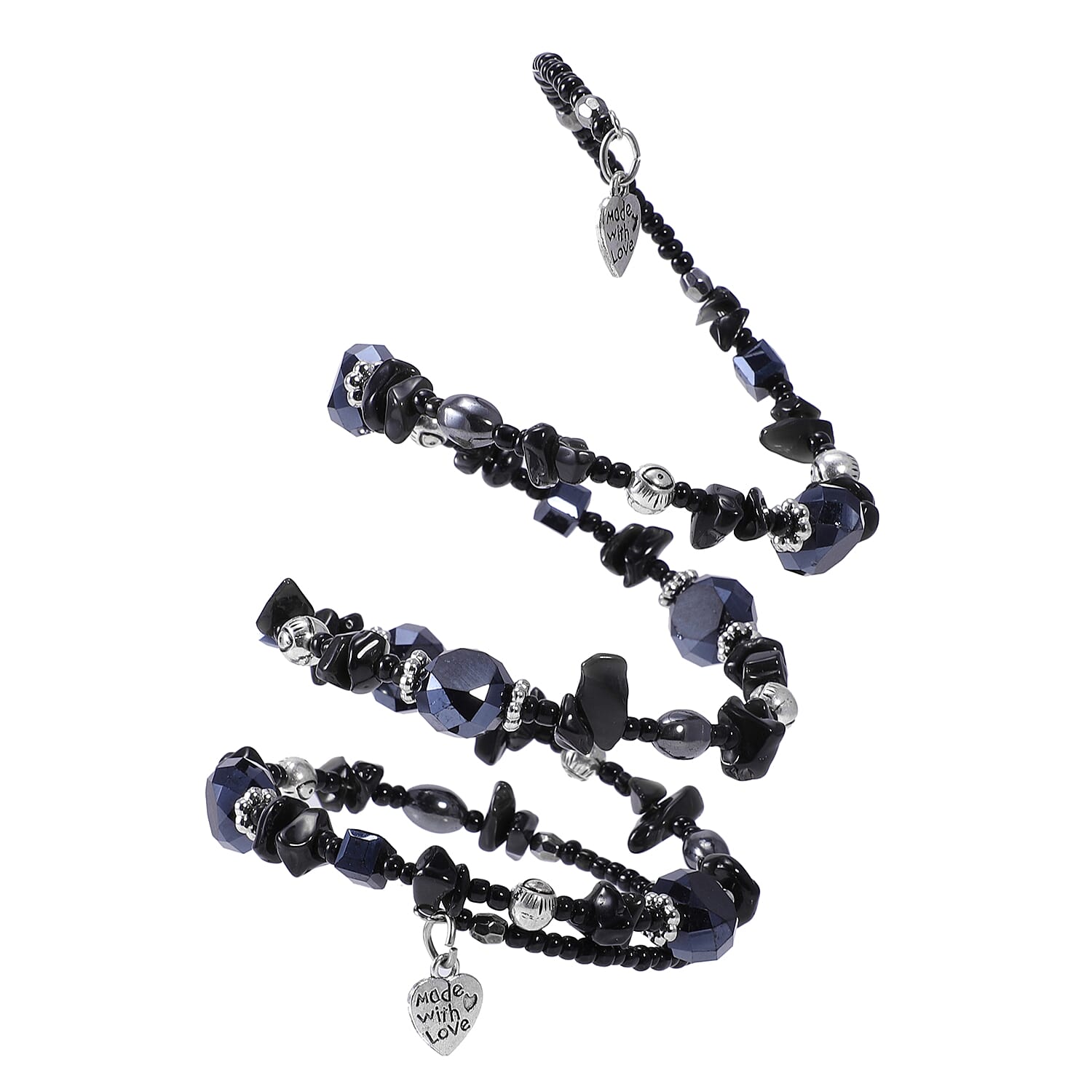 Set of 2 Black Obsidian and Simulated Blue and Black Sapphire 189.50 ctw Wrap and Stretch Bracelets in Silvertone