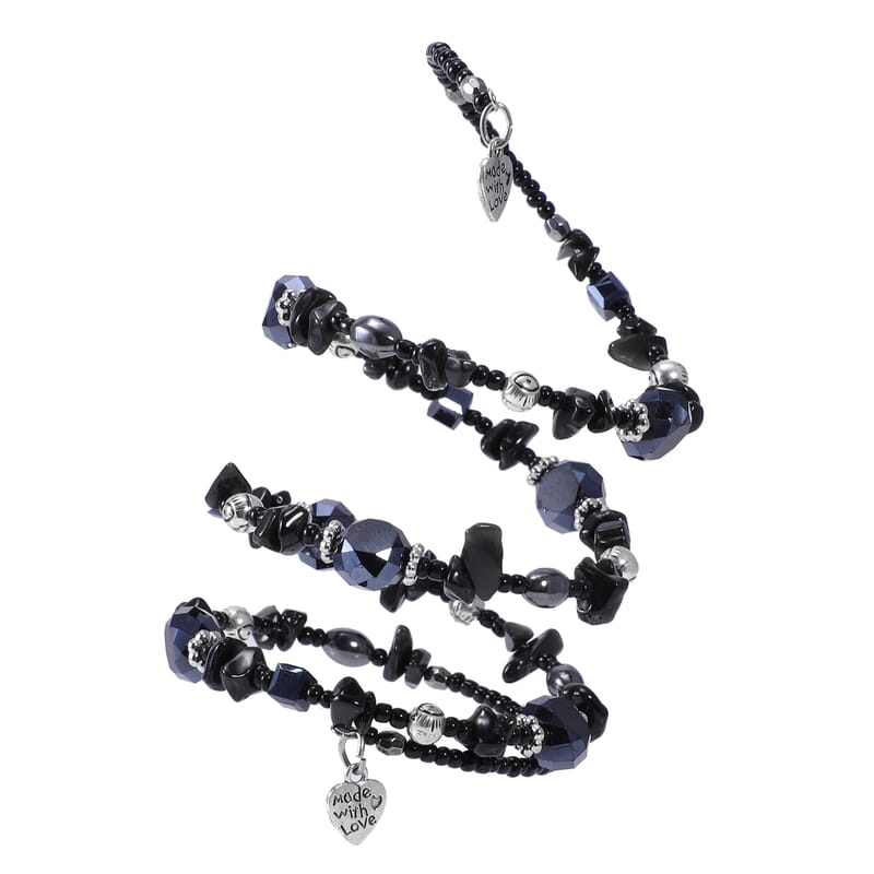 Set of 2 Black Obsidian and Simulated Blue and Black Sapphire 189.50 ctw Wrap and Stretch Bracelets in Silvertone