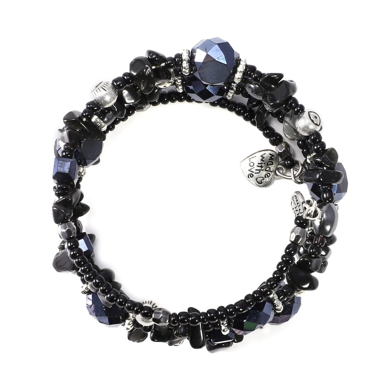Set of 2 Black Obsidian and Simulated Blue and Black Sapphire 189.50 ctw Wrap and Stretch Bracelets in Silvertone