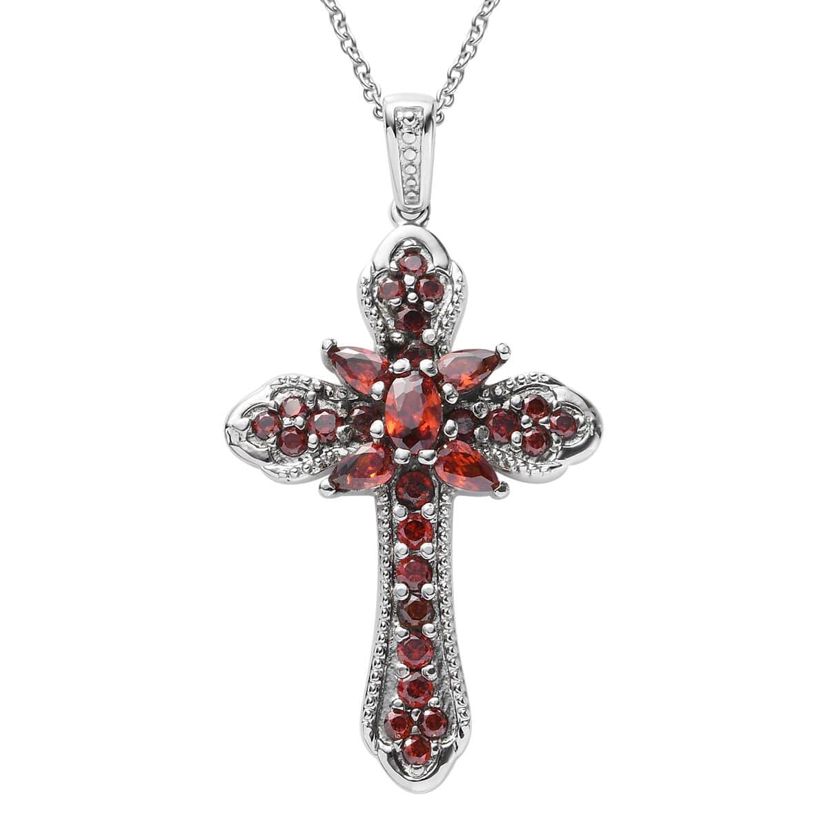 Simulated Red Diamond Cross Pendant Necklace 20 Inches in Stainless Steel 4.20 ctw image number 0