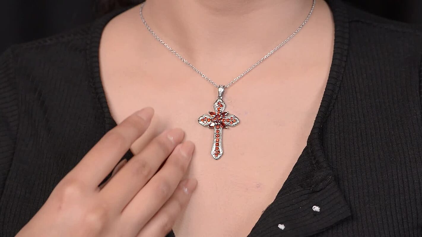 Simulated Garnet Color Diamond Cross Pendant Necklace 20 Inch in Stainless Steel