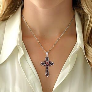 Simulated Red Diamond Cross Pendant Necklace 20 Inches in Stainless Steel