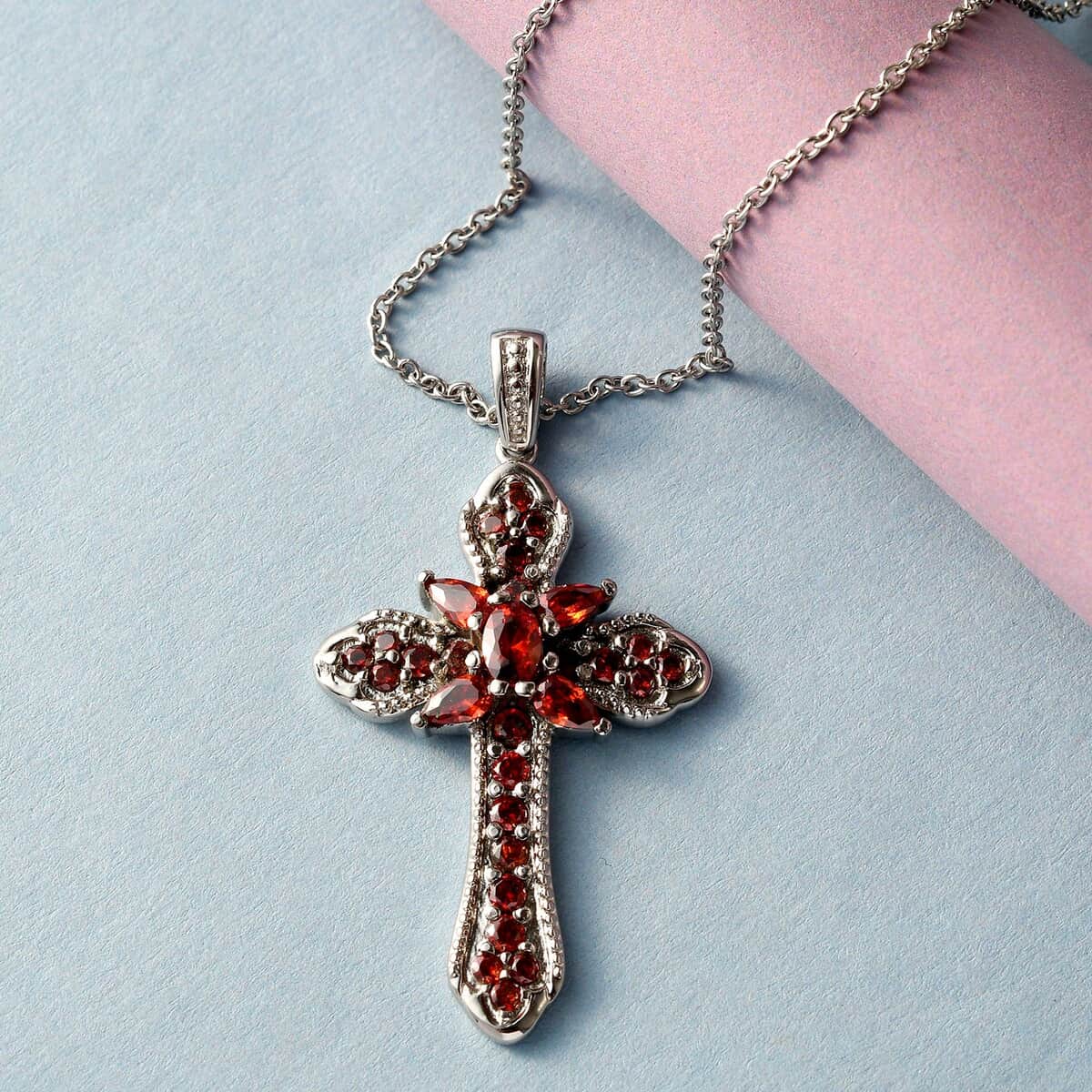 Simulated Red Diamond Cross Pendant Necklace 20 Inches in Stainless Steel 4.20 ctw image number 1
