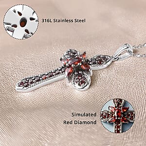 Simulated Red Diamond Cross Pendant Necklace 20 Inches in Stainless Steel