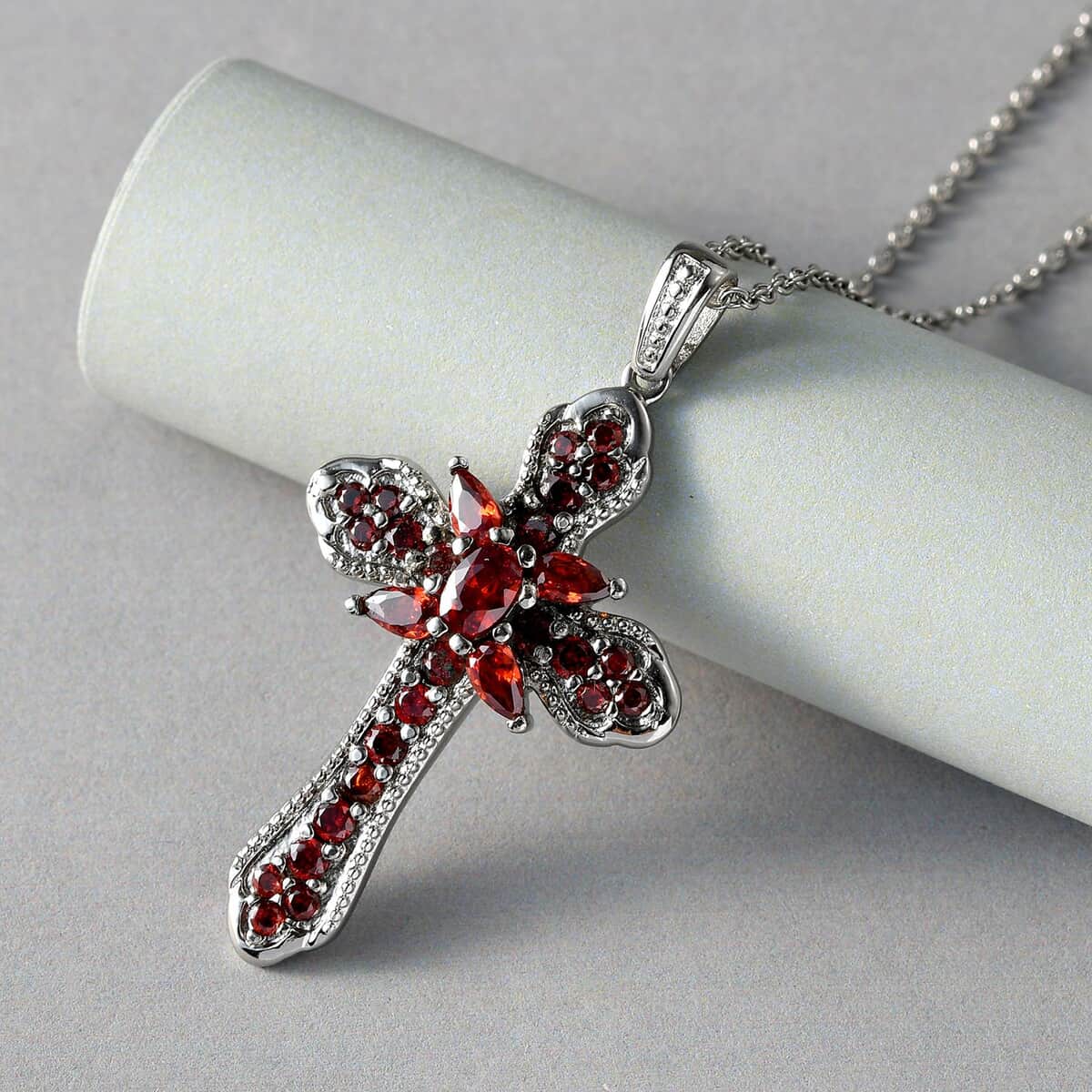 Simulated Red Diamond Cross Pendant Necklace 20 Inches in Stainless Steel 4.20 ctw image number 2