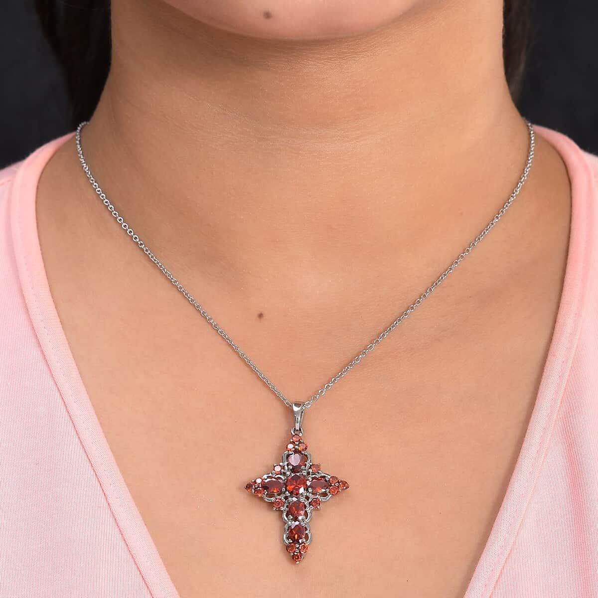 Simulated Red Diamond Cross Pendant Necklace 20 Inches in Stainless Steel 4.20 ctw image number 3