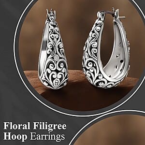 Sterling Silver Floral Filigree Round Hoop Earrings For Women 8.35 Grams