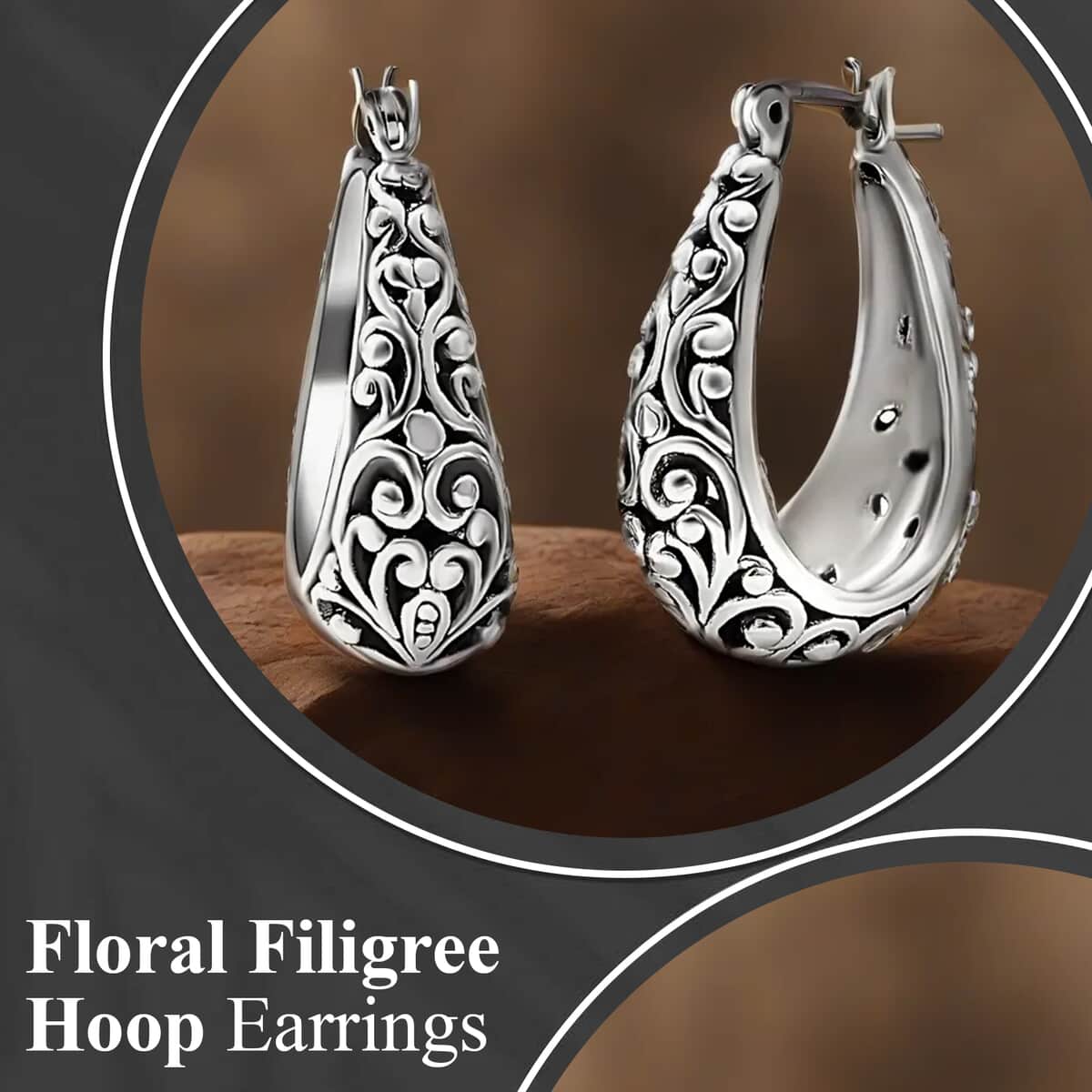 Sterling Silver Floral Filigree Round Hoop Earrings For Women 8.35 Grams image number 1