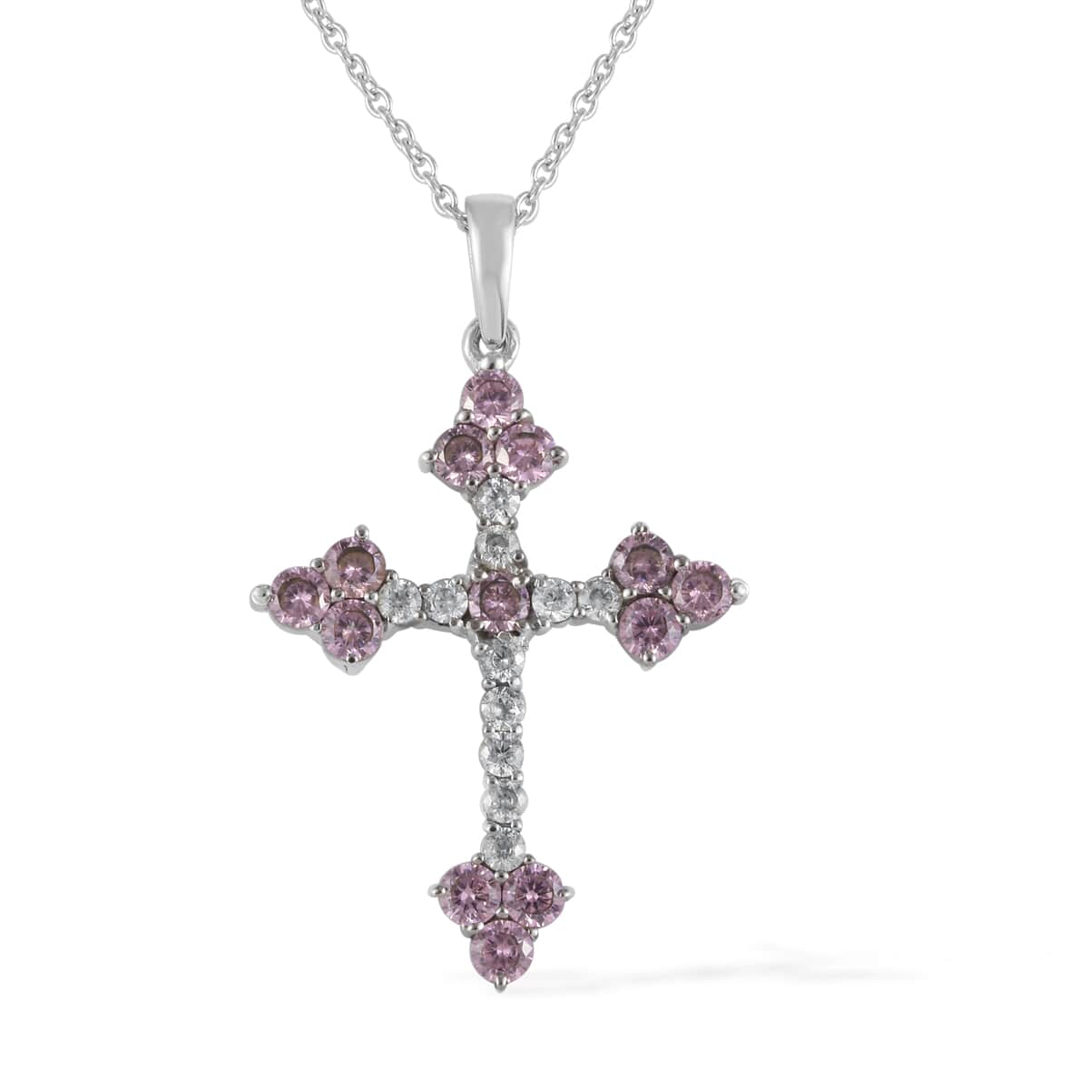 Simulated Pink and White Diamond Cross Pendant Necklace 20 Inches in Stainless Steel image number 0
