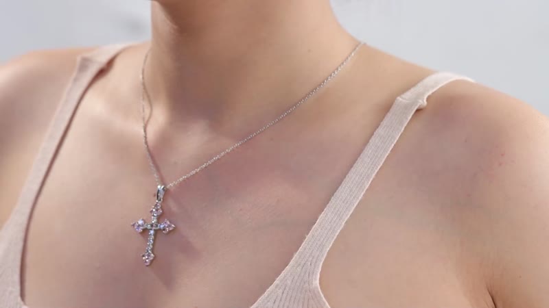 Simulated Pink and White Diamond Cross Pendant Necklace 20 Inch in Stainless Steel