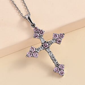 Simulated Pink and White Diamond 5.15 ctw Cross Pendant Necklace 20 Inches in Stainless Steel