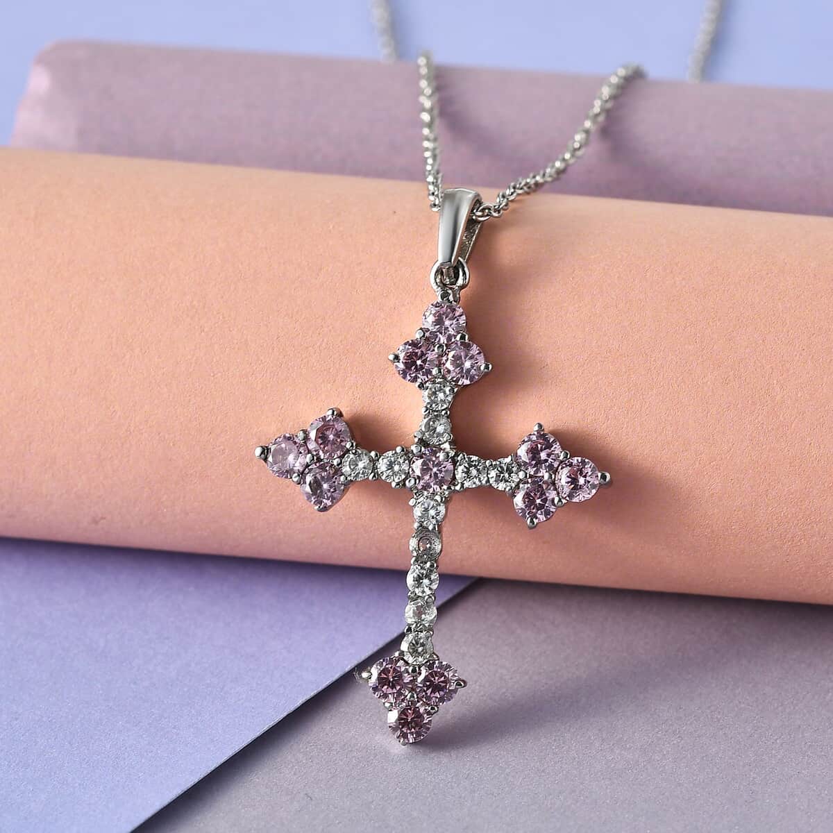 Simulated Pink and White Diamond Cross Pendant Necklace 20 Inches in Stainless Steel image number 1