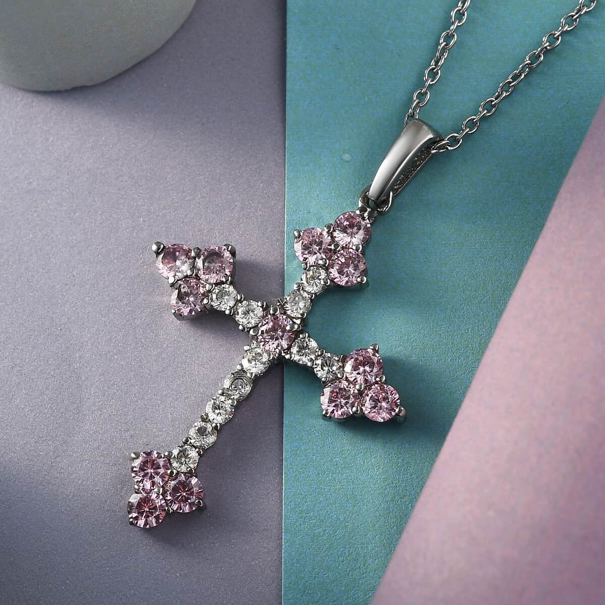 Simulated Pink and White Diamond Cross Pendant Necklace 20 Inches in Stainless Steel image number 2