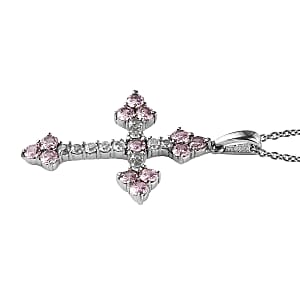 Simulated Pink and White Diamond 5.15 ctw Cross Pendant Necklace 20 Inches in Stainless Steel