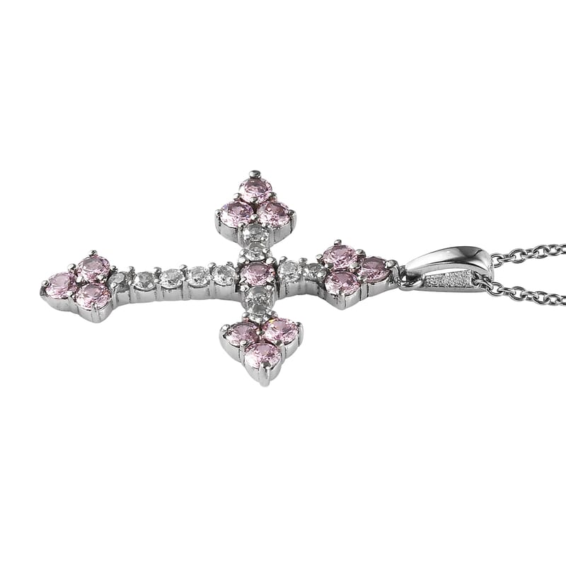 Simulated Pink and White Diamond 5.15 ctw Cross Pendant Necklace 20 Inches in Stainless Steel