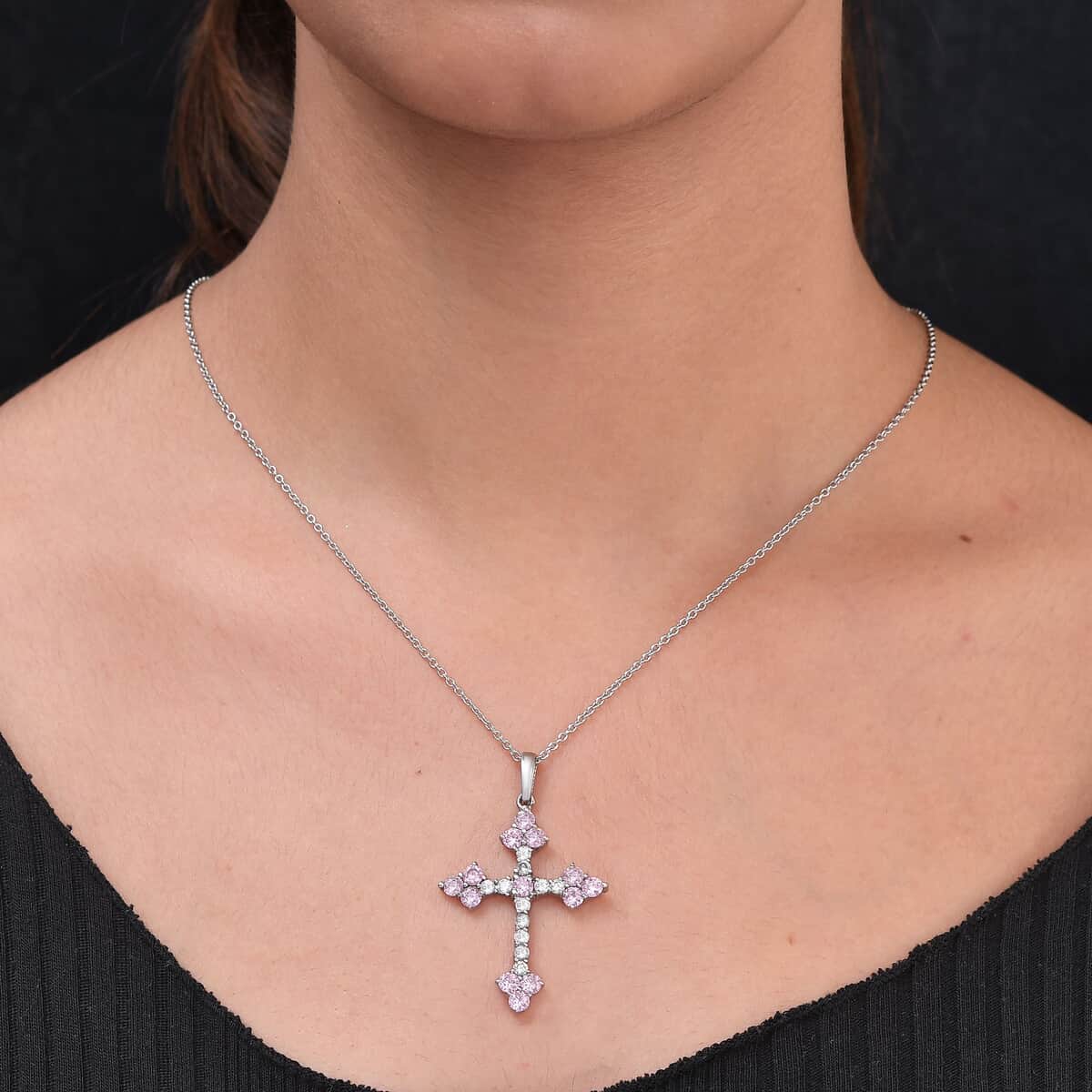 Simulated Pink and White Diamond Cross Pendant Necklace 20 Inches in Stainless Steel image number 3