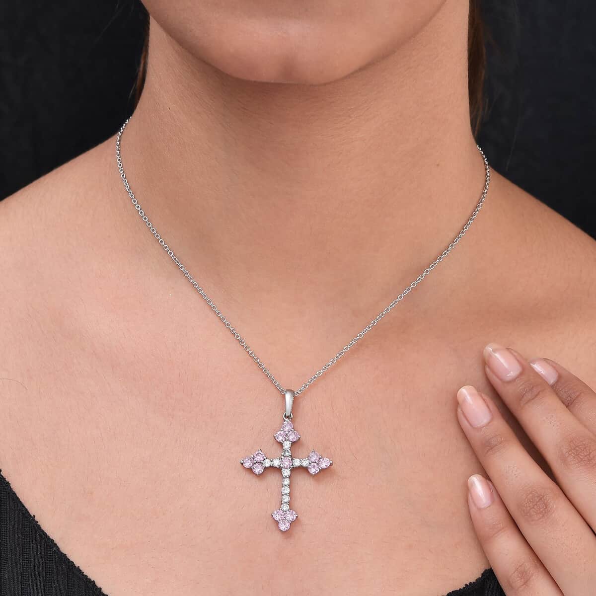 Simulated Pink and White Diamond Cross Pendant Necklace 20 Inches in Stainless Steel image number 4