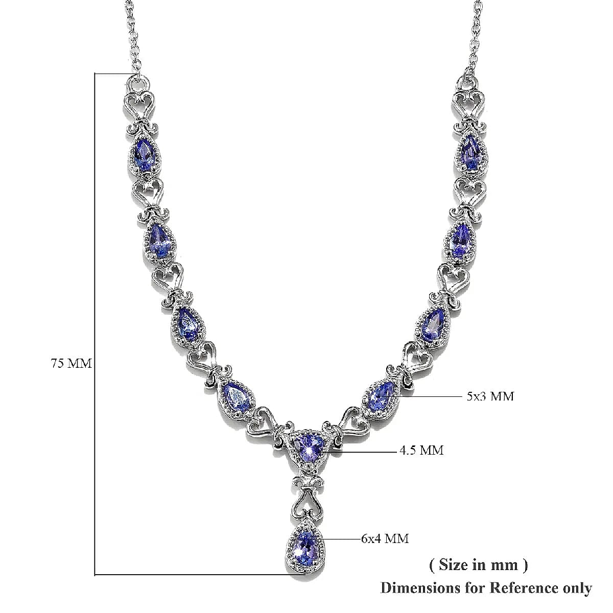 D'Joy AAA Tanzanite 2.65 ctw Necklace in Platinum Over Sterling Silver, Princess Necklace, Drop Necklace 18-20 in