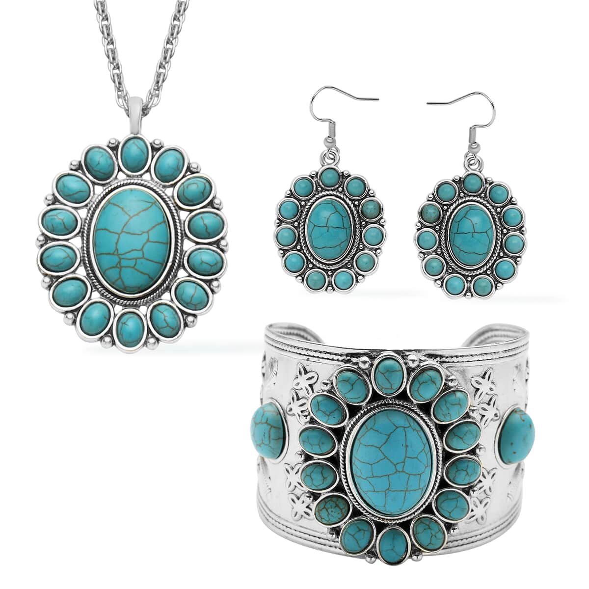 Blue Howlite Floral Cuff Bracelet (7.50-8.50 In), Earrings and Pendant Necklace 26-30 Inches in Silvertone 71.00 ctw image number 0